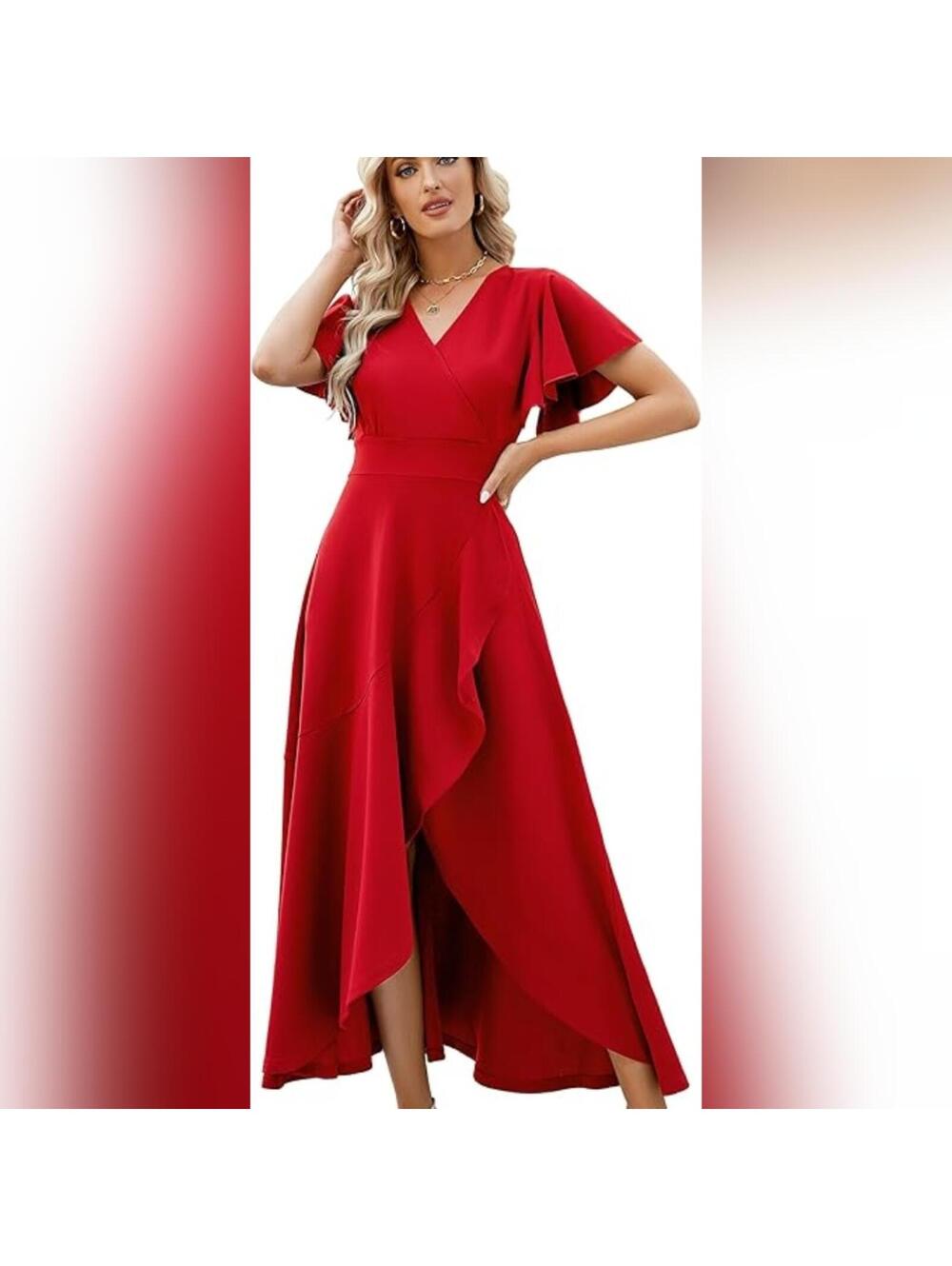 NWT ZZV Split Elegant V Neck Faux Wrap Ruffle Evening Party Dress, Large 12-14